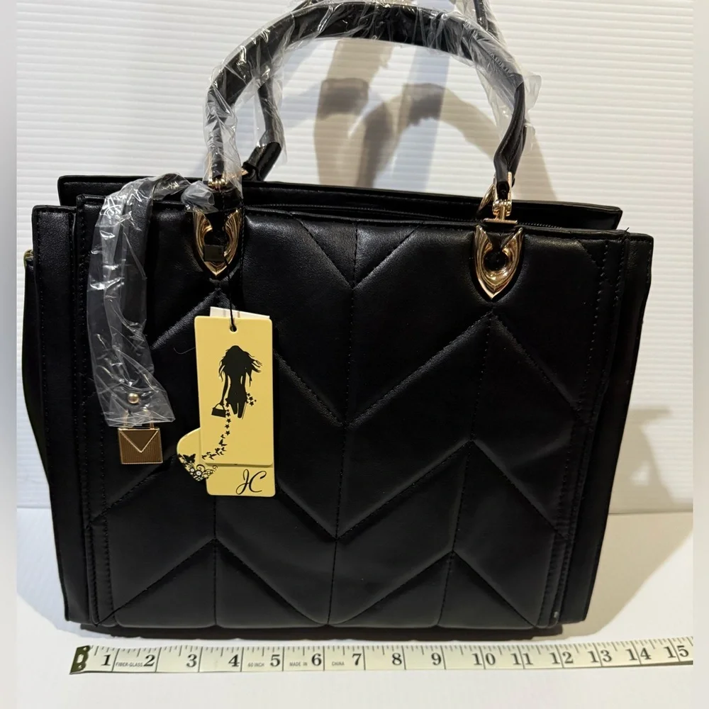 NWT 2PC Black Quilted Handbag with Crossbody Strap, Bag Charm and Wallet